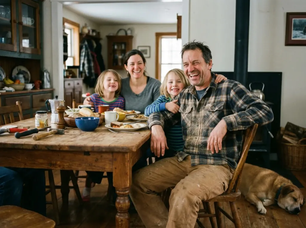 Familie mit zwei Kindern am Esstisch in einer rustikalen Küche, warmes Licht — weniger Bürostress, mehr Zeit für das, was zählt.