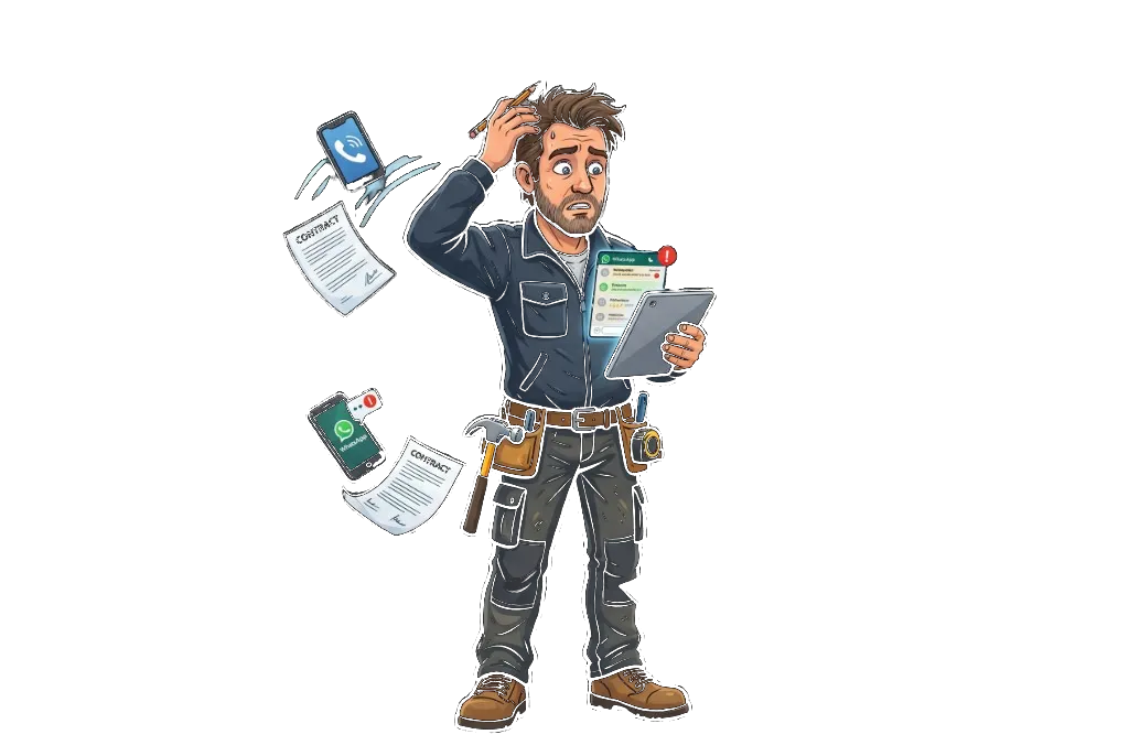 Illustration: gestresster Handwerker am Schreibtisch, umgeben von Papierkram, Smartphone-Nachrichten und Verträgen – Überlast und unübersichtlicher Büroalltag.