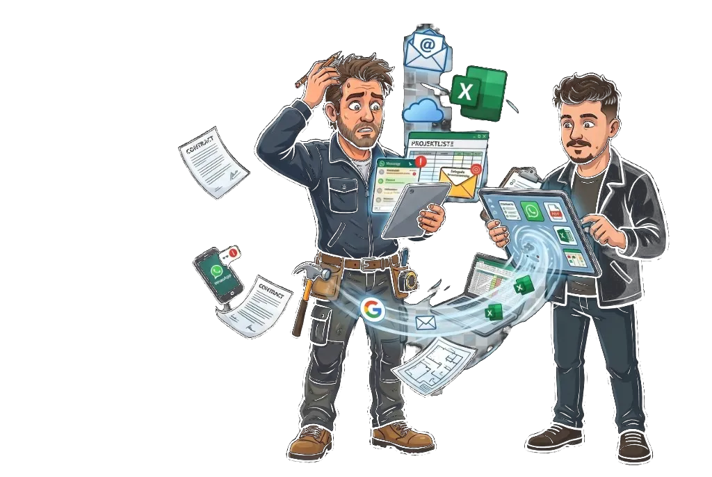 Illustration: Handwerker und Expertin vor Projektliste und Werkzeug, farbige Wirbel zeigen den Übergang von Chaos zu klarer Struktur und Zusammenarbeit.