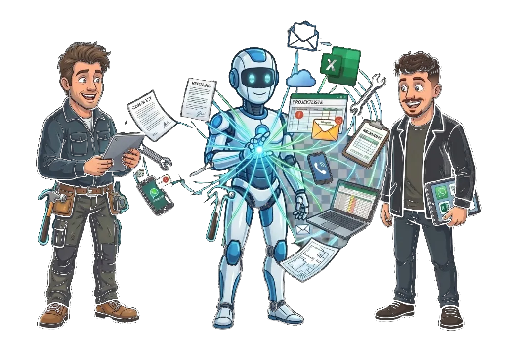 Illustration: freundliche Automatisierung als zentraler Hub zwischen Vertrag, Rechnung und Projektliste – ruhiges, geordnetes Ergebnis nach der Umsetzung.